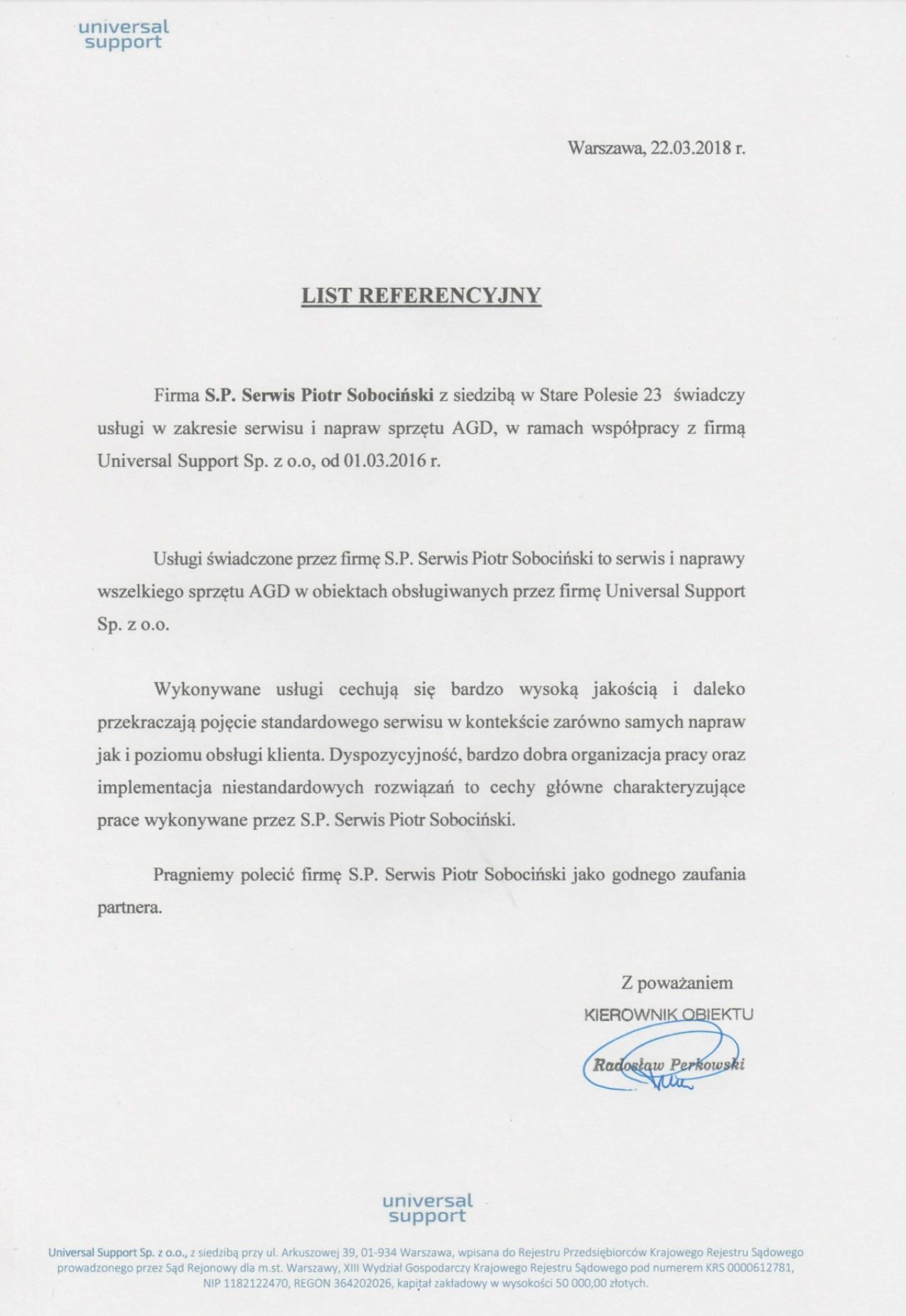 Dokument referencyjny dla S.P. Serwis Piotr Sobociński, świadczącego usługi serwisu i napraw AGD, wystawiony przez Universal Support z Warszawy, datowany na 22.03.2018.