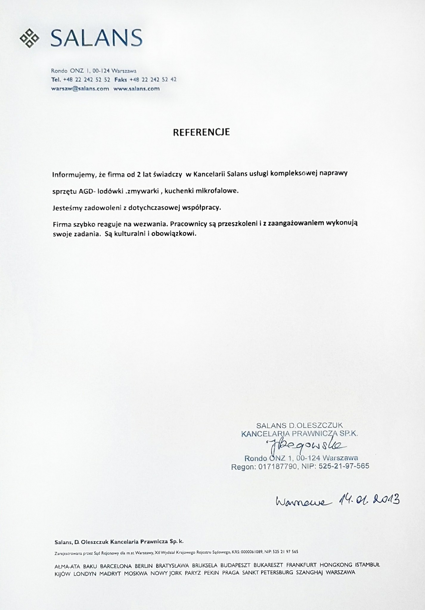 Skan dokumentu referencyjnego od kancelarii prawnej Salans dla firmy świadczącej usługi naprawy sprzętu AGD: lodówek, zmywarek i kuchenek mikrofalowych.