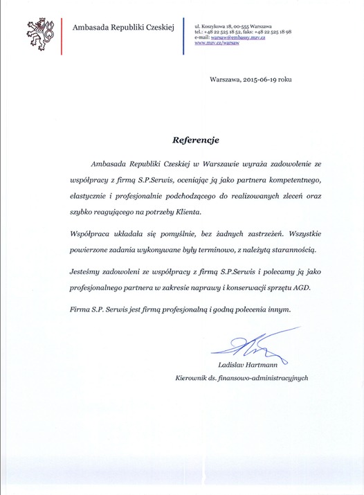 Referencje od Ambasady Republiki Czeskiej dla S.P. Serwis za naprawę i konserwację AGD. Dokument z datą, pieczęcią i podpisem kierownika ds. finansowo-administracyjnych.