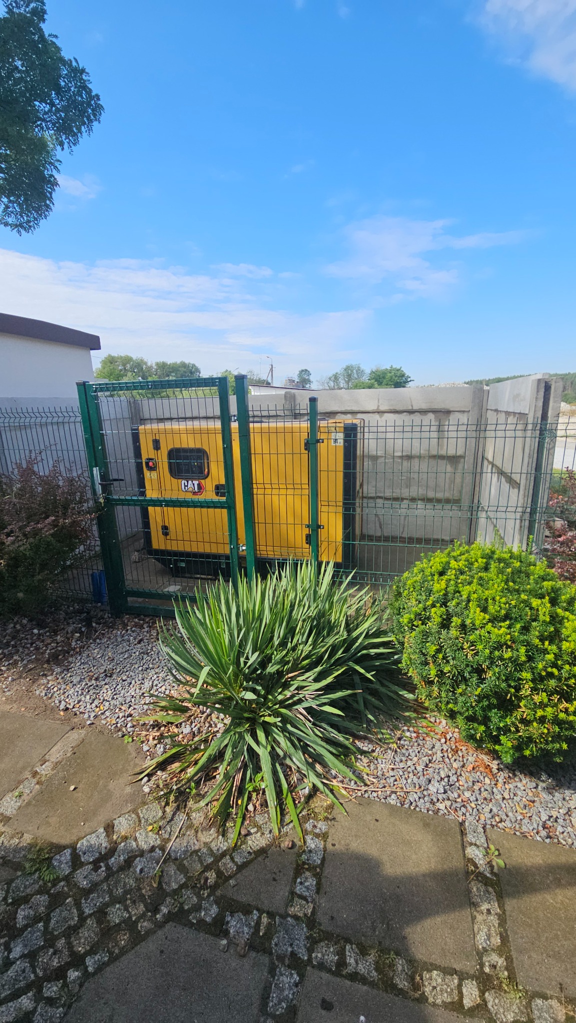 Żółty agregat prądotwórczy CAT za zielonym ogrodzeniem z siatki, otoczony roślinnością i szarym żwirem. Błękitne niebo w tle.