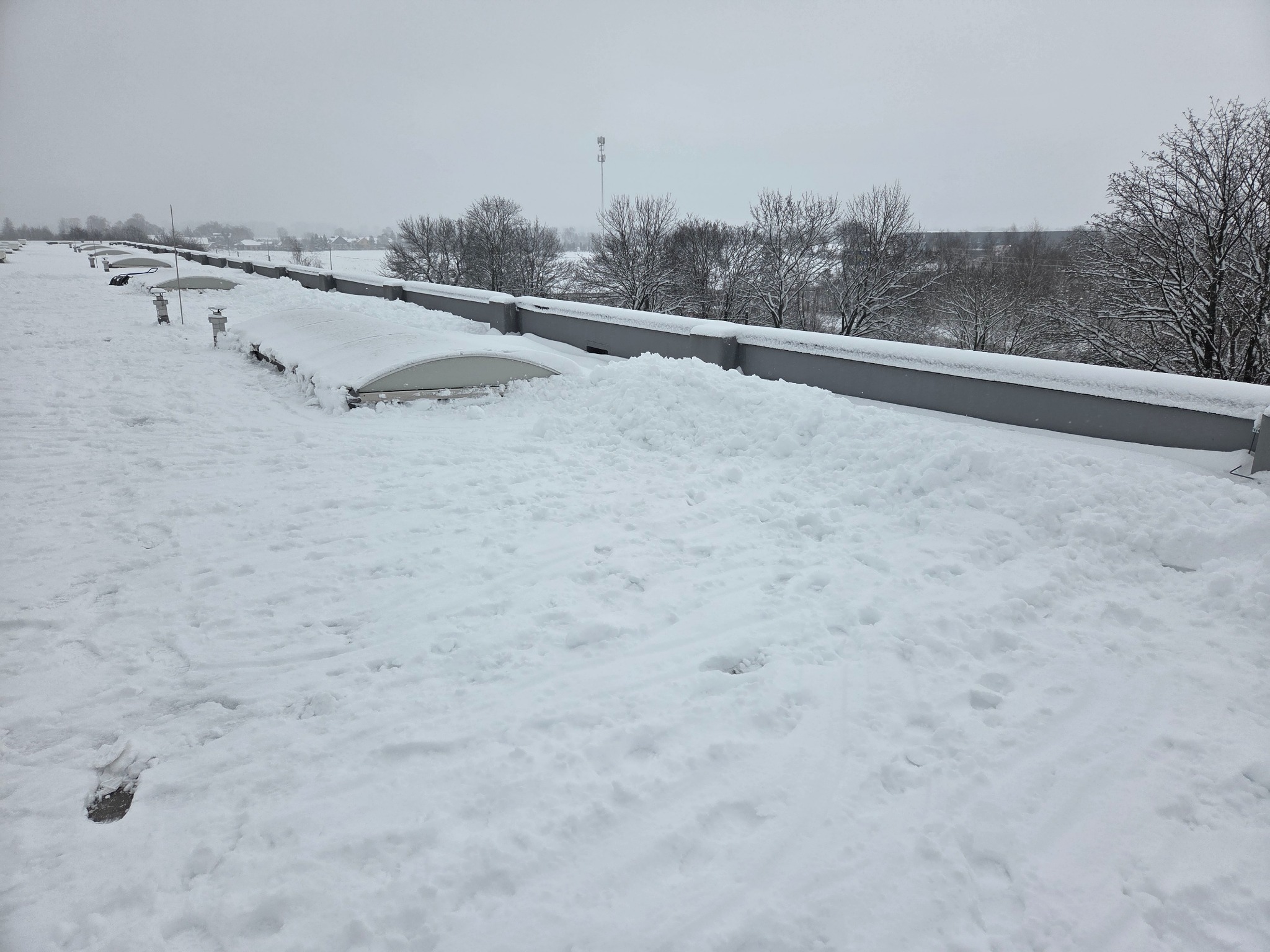 Śnieg zalega na płaskim dachu budynku, częściowo zakrywając świetliki. W tle widoczne drzewa i wieża telekomunikacyjna w pochmurny dzień.