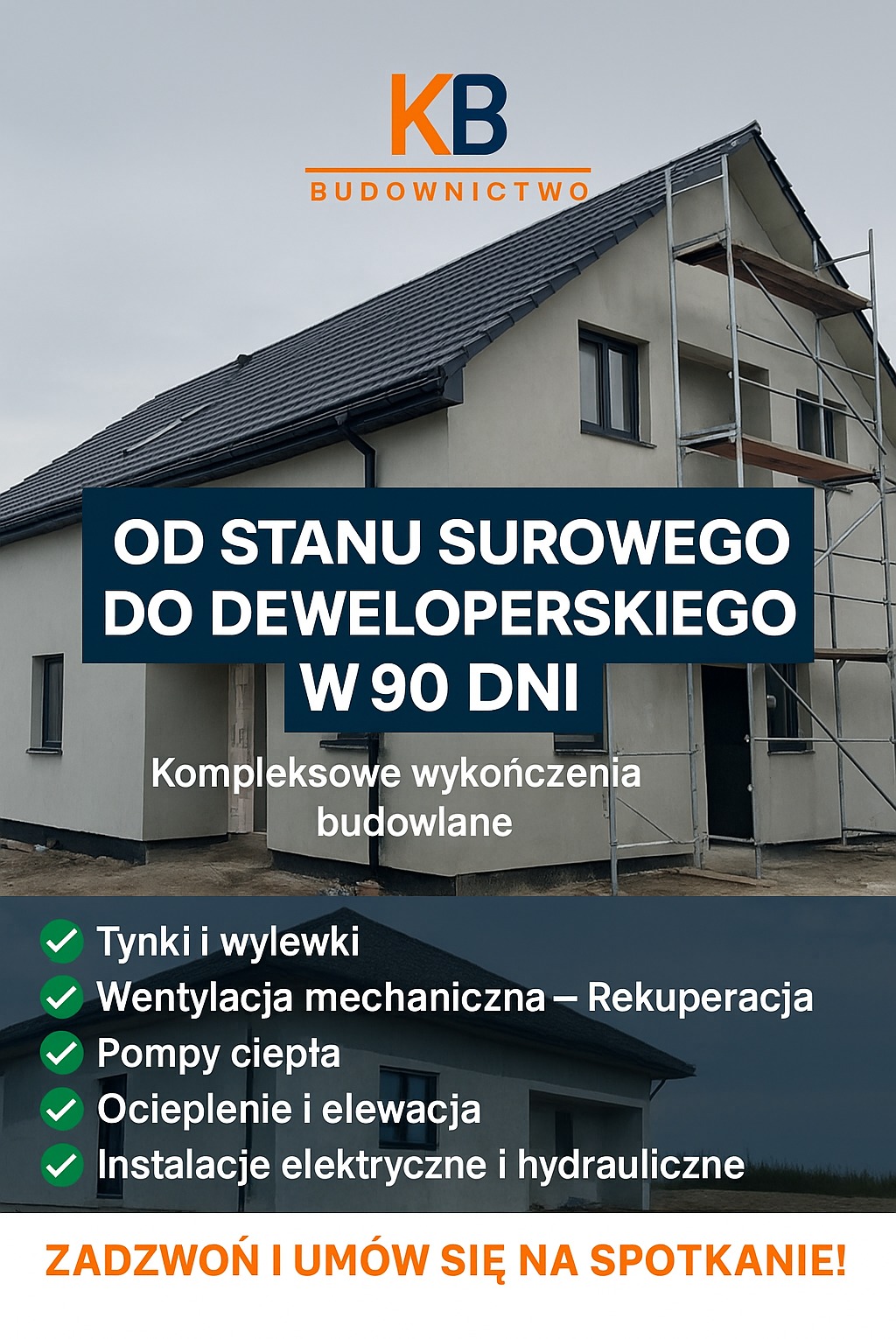 Dom w stanie deweloperskim z rusztowaniem. Oferta kompleksowego wykończenia w 90 dni. Widoczne tynki, elewacja, wentylacja, pompy ciepła i instalacje.
