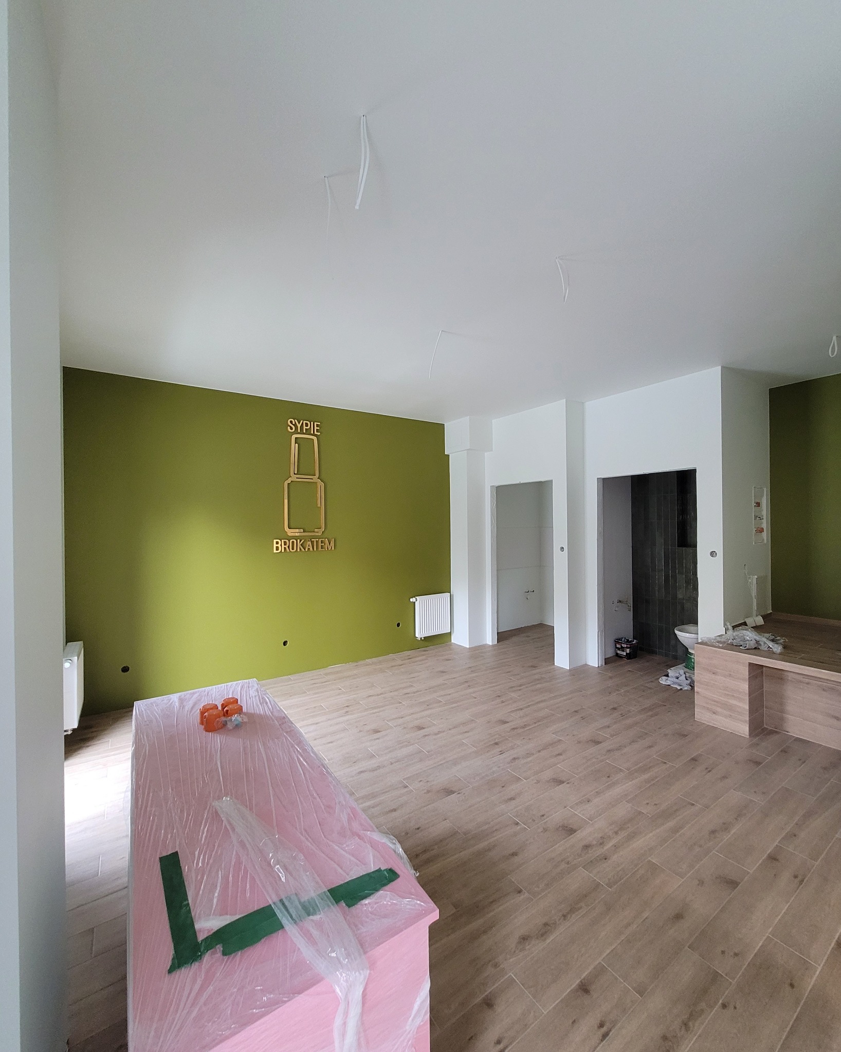 Wnętrze po remoncie: oliwkowa ściana z dekoracją 'Sypie Brokatem', drewniana podłoga, częściowo wyposażona łazienka. Widoczne przygotowania do dalszych prac wykończeniowych.