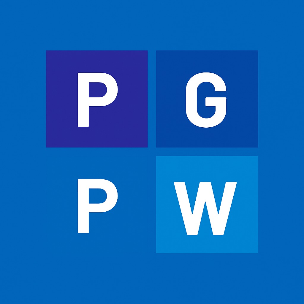 Logo PGW w kwadratach: granatowy 'P', błękitny 'W', białe 'G', 'P'. Układ 2x2 na niebieskim tle. Minimalistyczny design, geometryczny układ.