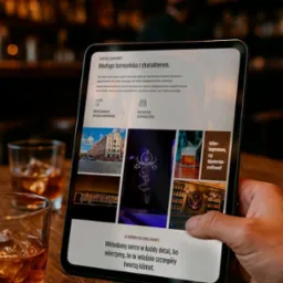 Prezentacja oferty barmańskiej na tablecie trzymanym w dłoni, z drinkiem w szklance na drewnianym blacie. W tle bar z rozmytą postacią.