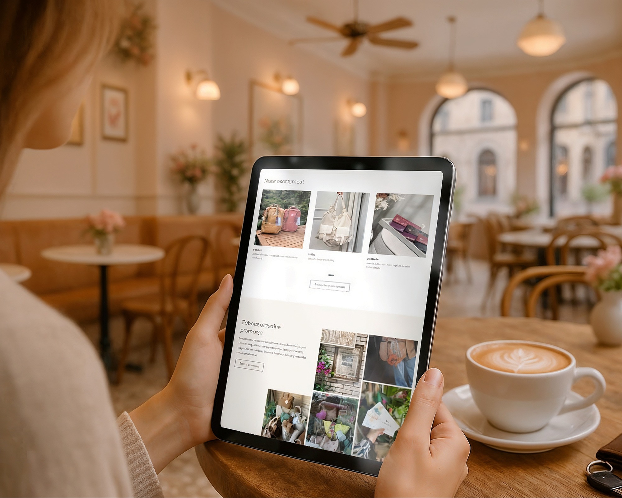 Osoba przegląda na tablecie ofertę sklepu internetowego z galanterią, siedząc w kawiarni. Na stole kawa latte i portfel.