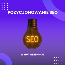 WEBDOO Agencja Interaktywna - Strony Internetowe & Marketing - Grafika z żarówką i napisem 'SEO' na fioletowym tle, promująca pozycjonowanie stron internetowych i adres www.webdoo.pl z kropkami w rogach.