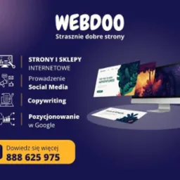 Grafika agencji interaktywnej WEBDOO: monitor z projektami stron, ikony usług (strony, social media, copywriting, SEO) i dane kontaktowe na ciemnoniebieskim tle.