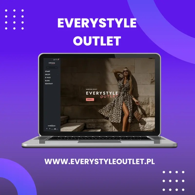 Laptop prezentuje stronę internetową 'Everystyle Outlet' z modelką w sukience w panterkę. Fioletowe tło z nazwą i adresem strony. Minimalistyczny design.