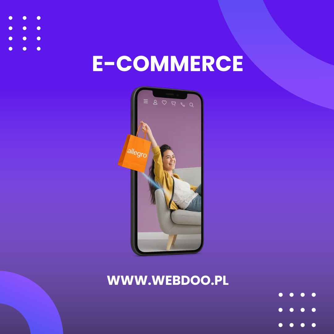 Telefon z widokiem kobiety z torbą Allegro na tle e-commerce, na fioletowym tle z adresem www.webdoo.pl i białymi kropkami w rogach.