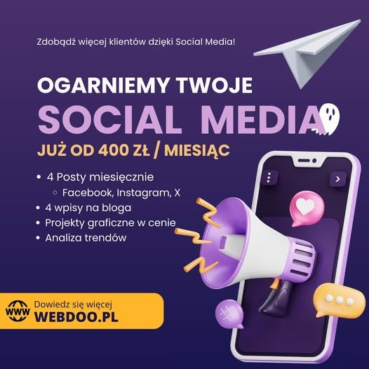 Grafika reklamowa: Oferta obsługi social media. Fioletowe tło, telefon z ikonami, megafon i papierowy samolot. Napis: Ogarniemy Twoje Social Media, już od 400 zł.