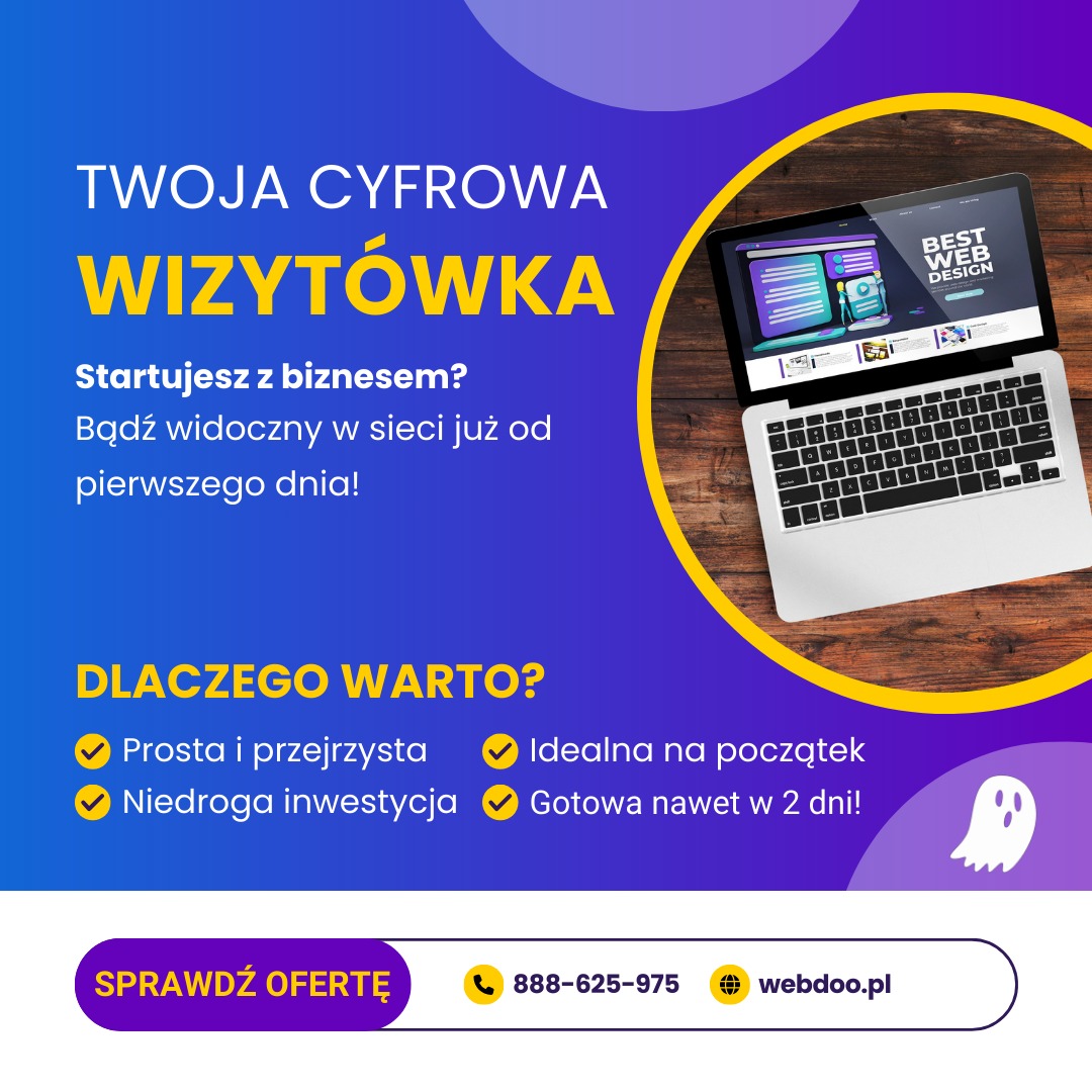 Reklama cyfrowej wizytówki: laptop z ekranem prezentującym projekt strony internetowej, hasła o zaletach i wezwanie do działania na fioletowo-żółtym tle.