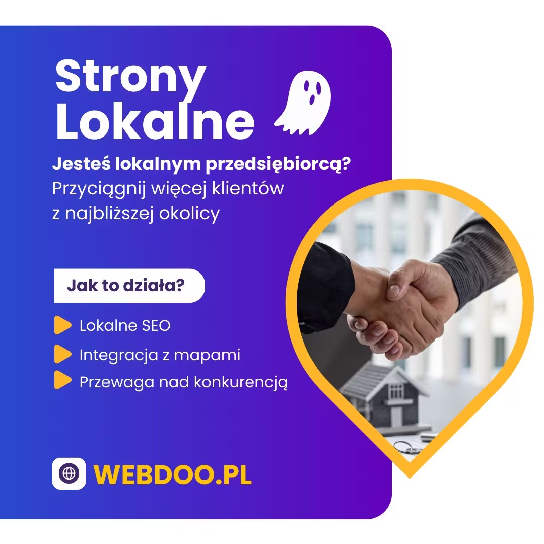Grafika reklamowa: Strony Lokalne. Uścisk dłoni w okręgu, model domu, SEO, mapy, przewaga. Webdoo.pl promuje lokalne strony dla przedsiębiorców.