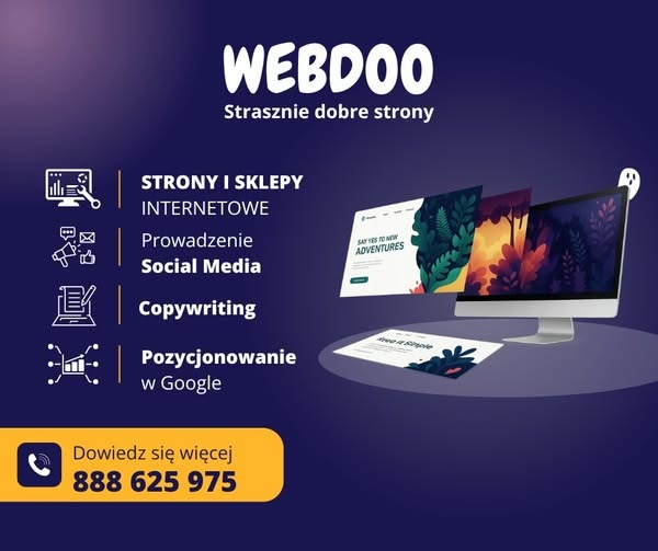 Grafika agencji interaktywnej WEBDOO: monitor z projektami stron, ikony usług (strony, social media, copywriting, SEO) i dane kontaktowe na ciemnoniebieskim tle.