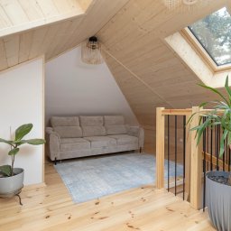 JARO-INVESTMENT - Jasne poddasze z drewnianą boazerią, beżową sofą i roślinami doniczkowymi. Okno dachowe wpuszcza światło. Widoczna komoda z szufladami.