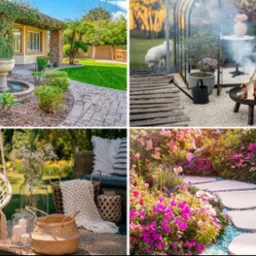 Kompozycja z czterech kadrów: fontanna w ogrodzie, palenisko ogrodowe, huśtawka wisząca i ścieżka z kamieni wśród kwiatów. Elementy architektury krajobrazu.