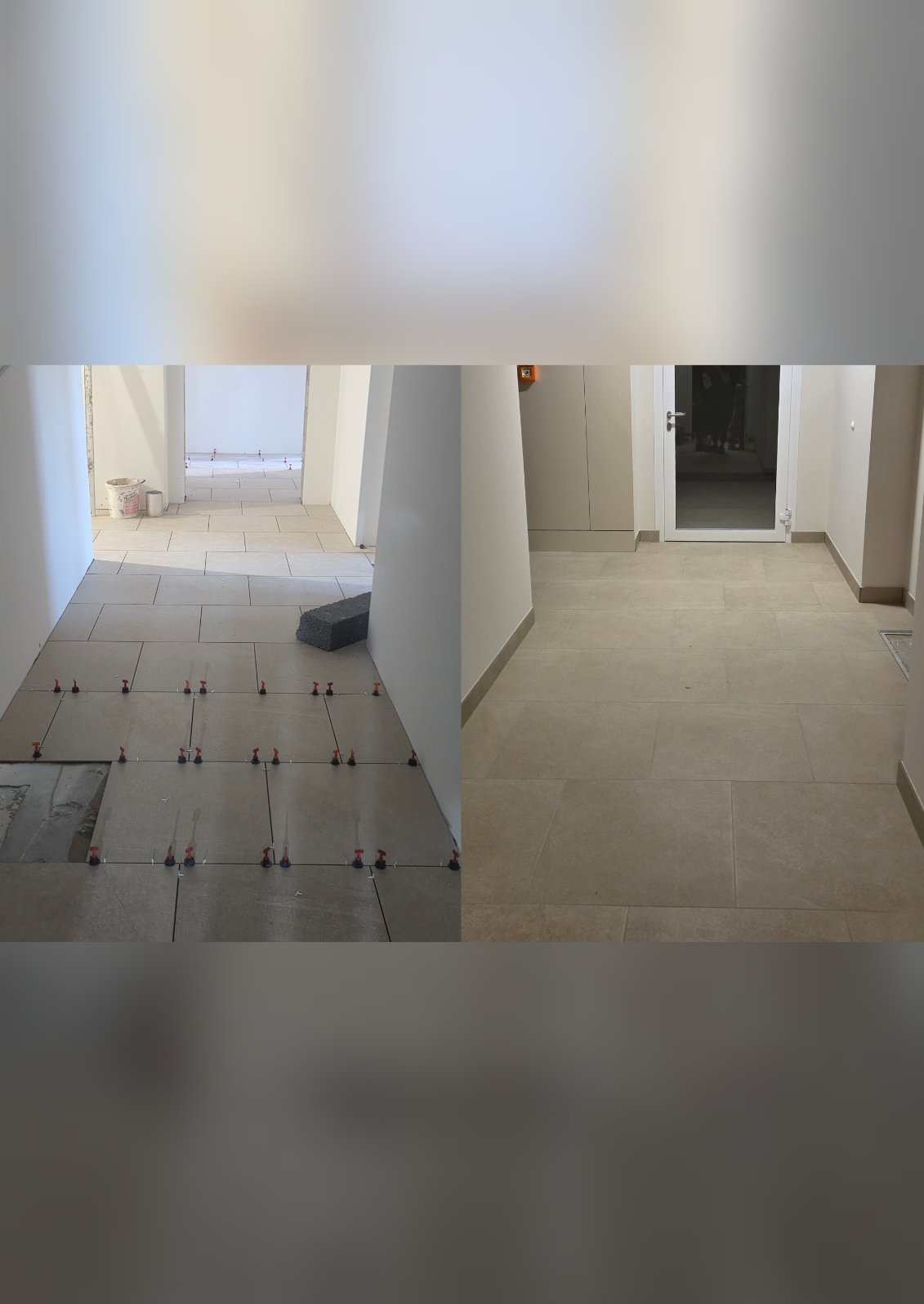 Korytarz w trakcie układania płytek podłogowych, widok przed i po. Użyte systemy poziomowania płytek. Jasne, beżowe płytki. Fragment posadzki bez płytek.