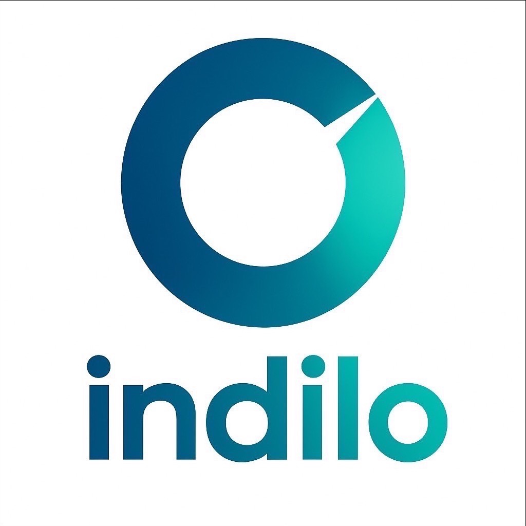 Logo firmy Indilo: okrąg w odcieniach niebieskiego i zieleni z wyciętym fragmentem, nazwa firmy w kolorze niebieskim, na białym tle.