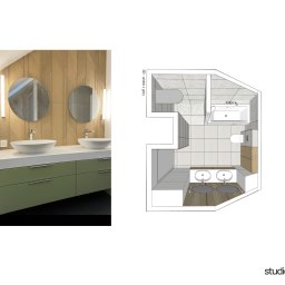 studiolina - Wizualizacja 3D łazienki z dwoma okrągłymi lustrami nad umywalkami na tle drewnianej ściany. Widok z góry prezentuje rozkład elementów w pomieszczeniu.