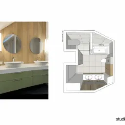 Wizualizacja 3D łazienki z dwoma okrągłymi lustrami nad umywalkami na tle drewnianej ściany. Widok z góry prezentuje rozkład elementów w pomieszczeniu.