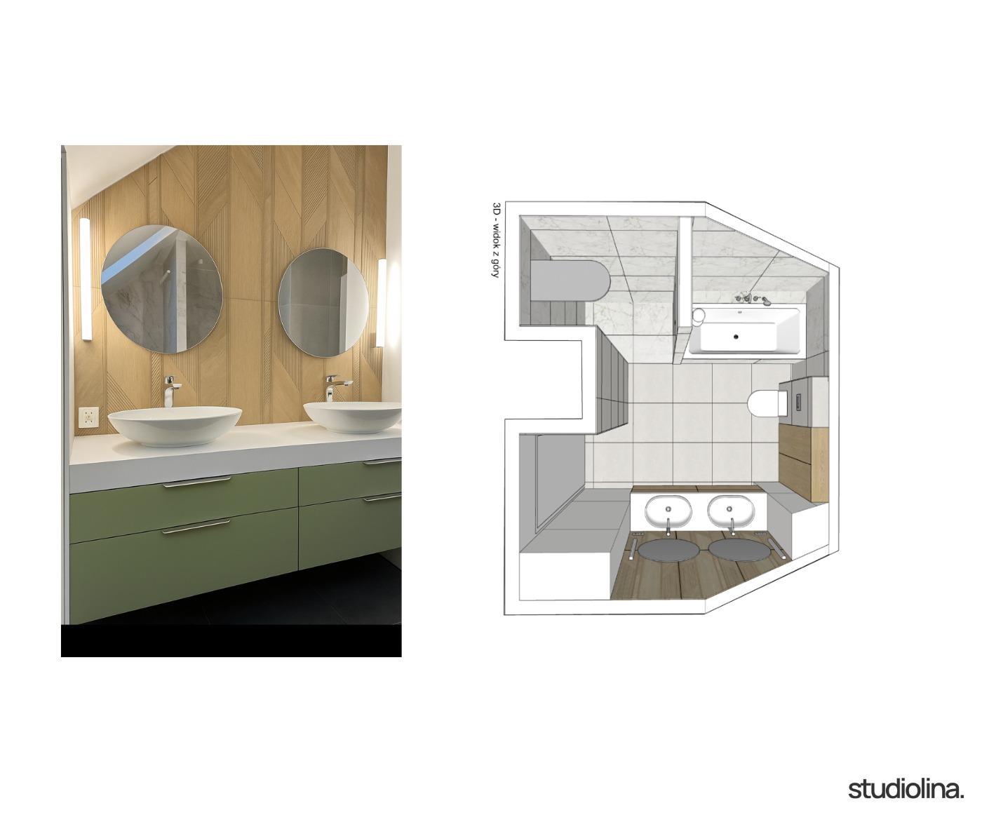 Wizualizacja 3D łazienki z dwoma okrągłymi lustrami nad umywalkami na tle drewnianej ściany. Widok z góry prezentuje rozkład elementów w pomieszczeniu.