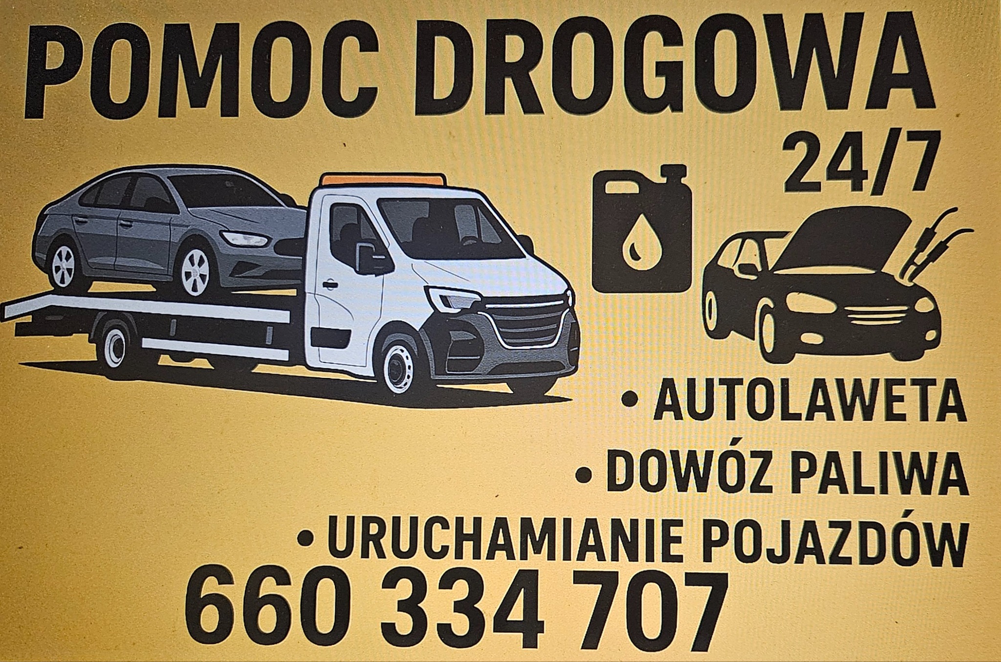 Grafika: Laweta z szarym autem, kanister oleju, auto z otwartą maską, napis Pomoc Drogowa 24/7, Autolaweta, Dowóz Paliwa, Uruchamianie Pojazdów i numer telefonu.
