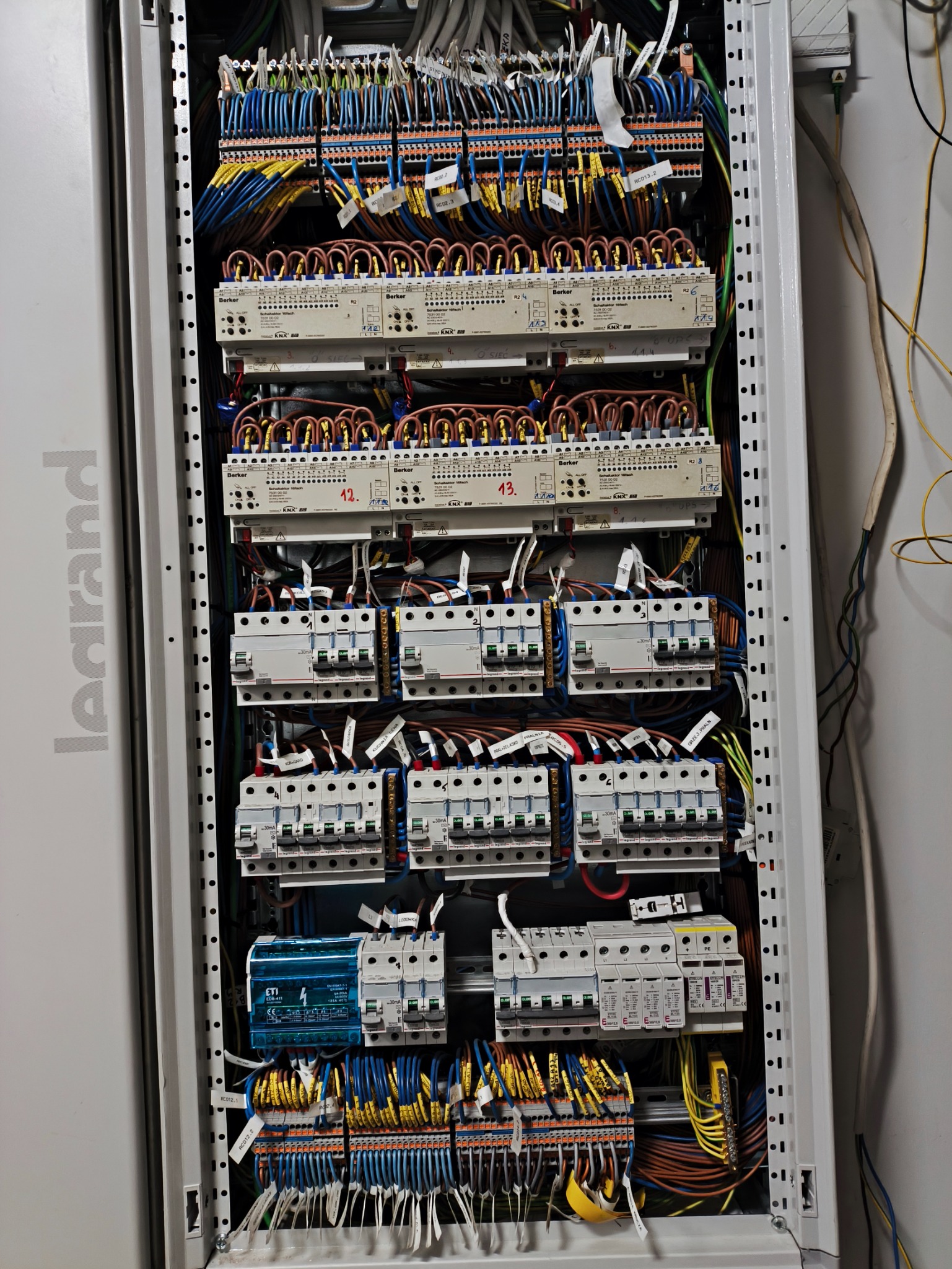 Rozdzielnica elektryczna z licznymi bezpiecznikami, przewodami oznaczonymi etykietami i elementami sterującymi, zamontowana w metalowej obudowie marki Legrand.