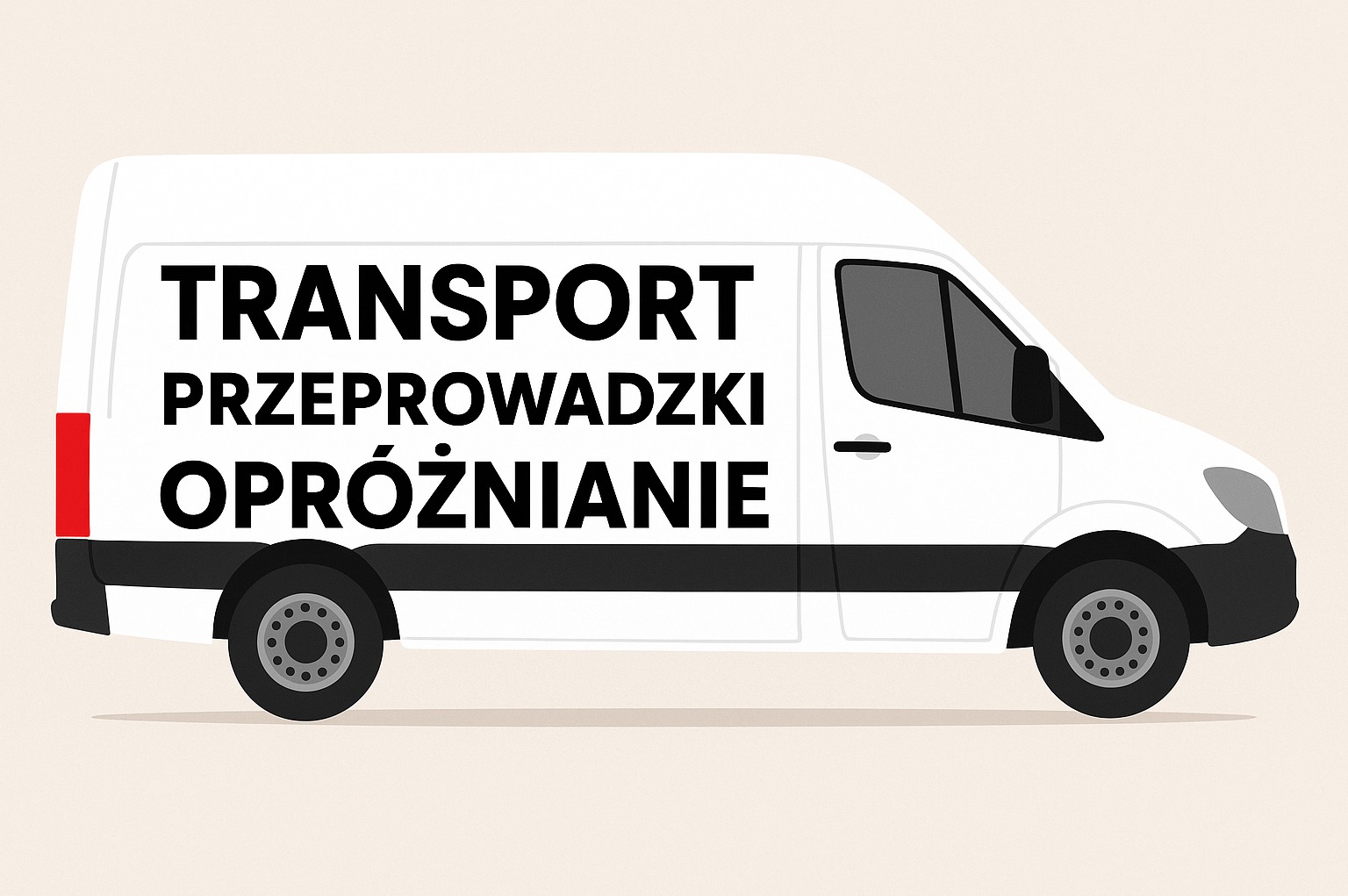Grafika: Biały van z napisem 'TRANSPORT PRZEPROWADZKI OPRÓŻNIANIE' z boku, widok z profilu, stylizowany.