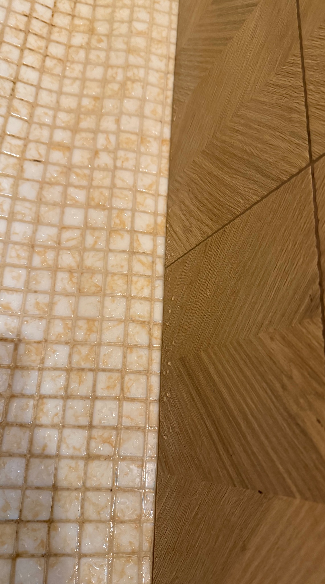 Połączenie beżowej mozaiki i drewnopodobnych paneli podłogowych. Widoczne krople wody na powierzchni. Układ podłogi w jodełkę.