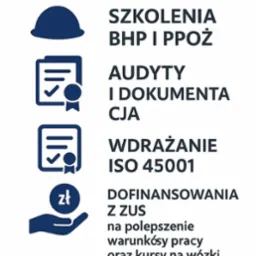 Grafika informacyjna BHP Pilot: szkolenia BHP i ppoż, audyty, wdrażanie ISO 45001, dofinansowania ZUS na poprawę warunków pracy i kursy na wózki widłowe.