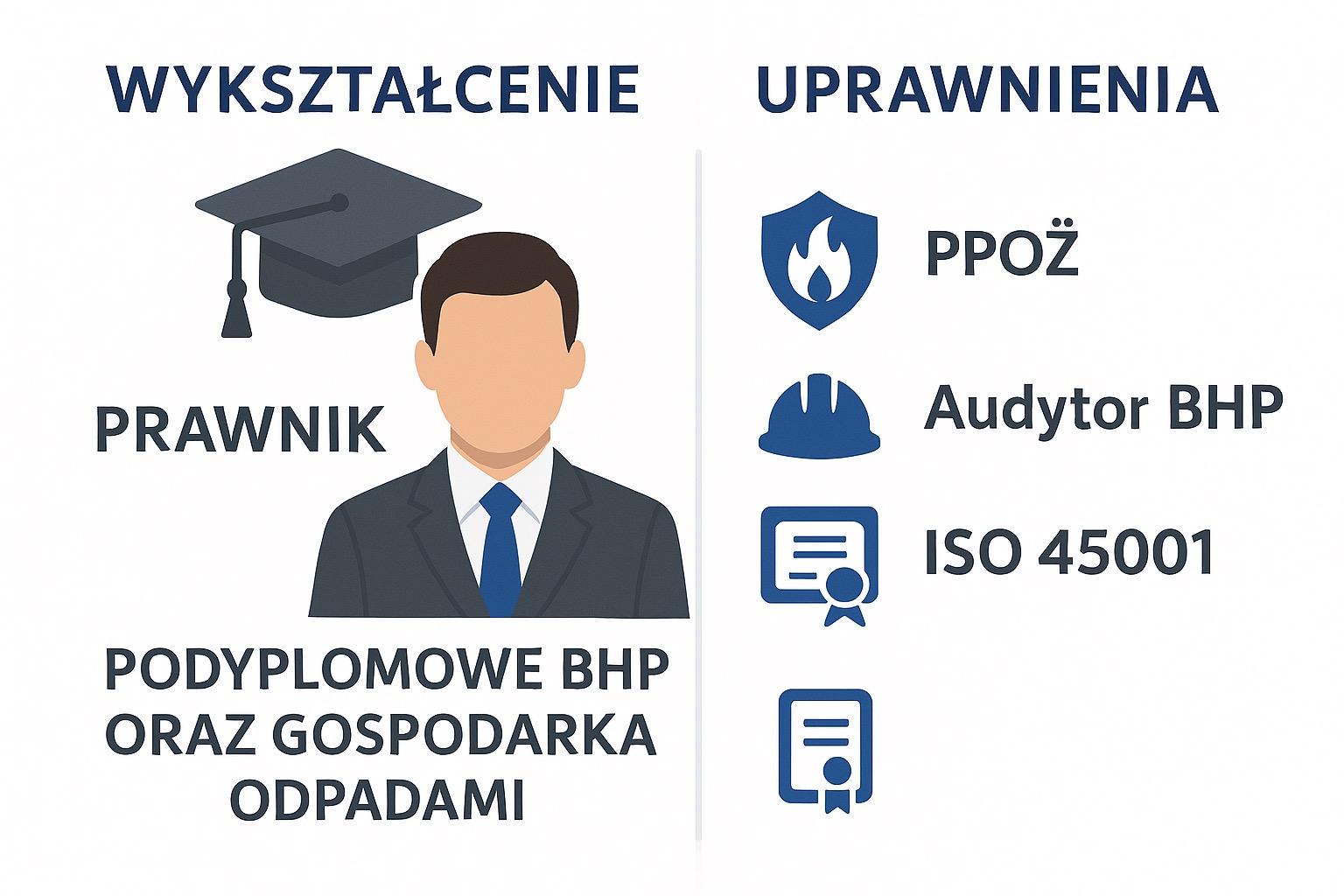 Grafika informacyjna: wykształcenie prawnicze, podyplomowe BHP i uprawnienia PPOŻ, Audytora BHP, ISO 45001. Styl graficzny, minimalistyczny.