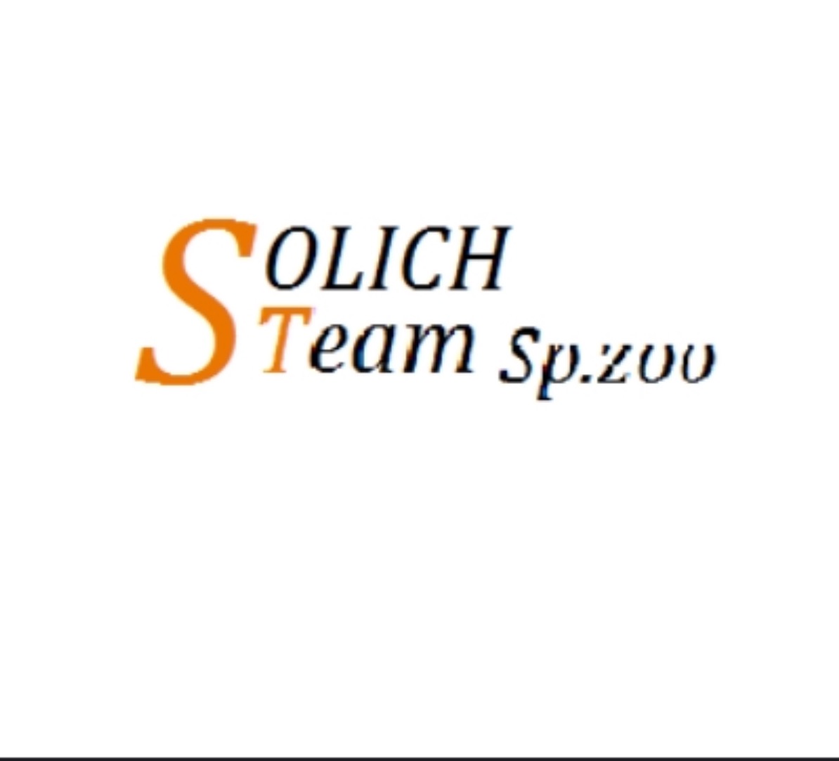 Pomarańczowo-czarne logo 'Solich Team Sp. zoo' na białym tle. Litera 'S' w kolorze pomarańczowym, reszta napisu czarna. Prosty, nowoczesny design.