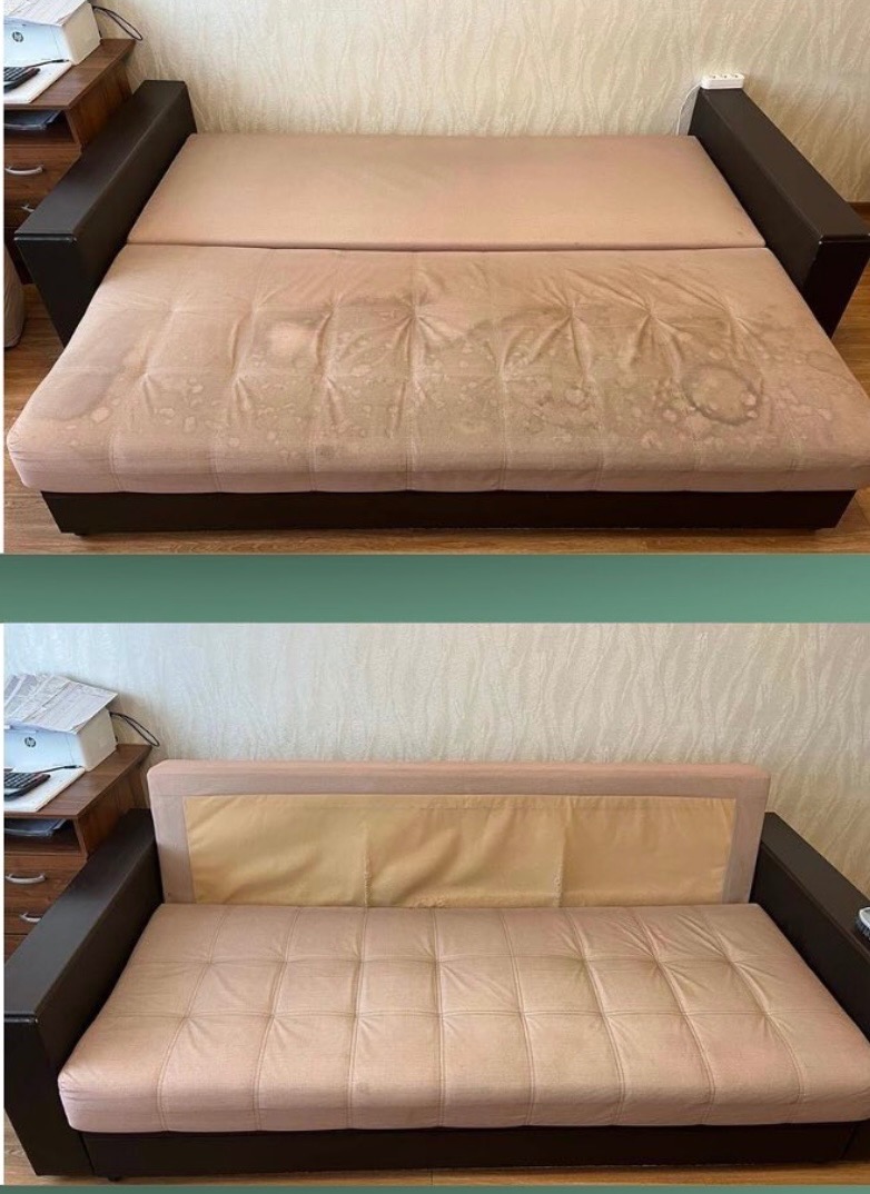 Kanapa przed i po czyszczeniu tapicerki. Widoczne plamy i zabrudzenia na górnym zdjęciu, a na dolnym czysta, odświeżona tapicerka w odcieniach beżu i brązu.