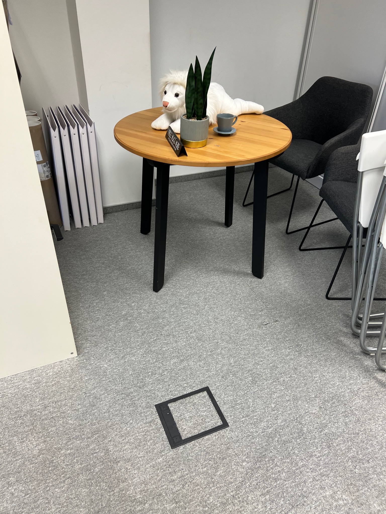 Okrągły stół z drewnianym blatem i czarnymi nogami, na którym leży pluszowy lew, doniczka z rośliną i filiżanka. W tle krzesła i szara wykładzina.