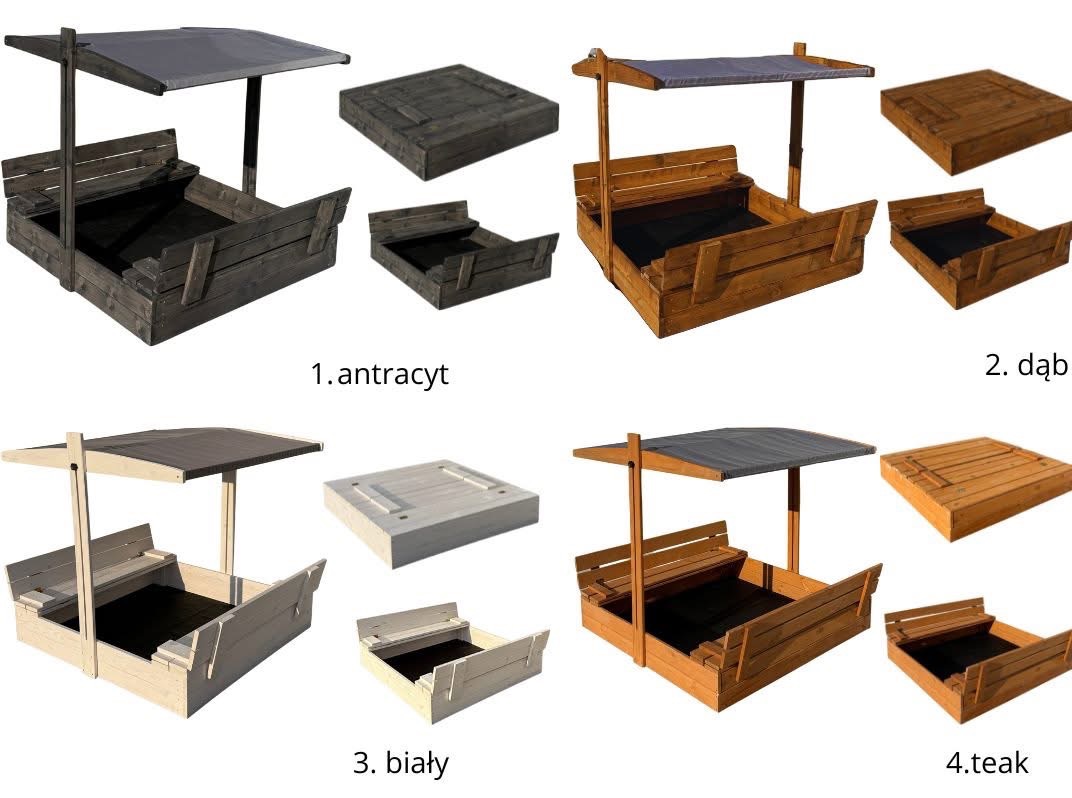 Kompilacja czterech drewnianych piaskownic z zadaszeniem i pokrywami w różnych kolorach: antracyt, dąb, biały i teak. Prezentacja z różnych perspektyw.