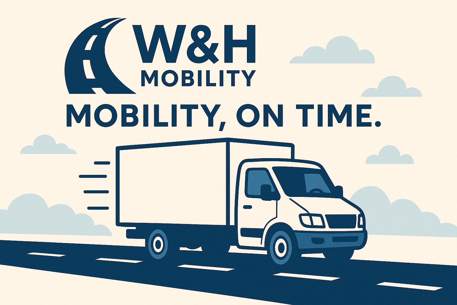 Grafika: biały bus dostawczy na drodze pod błękitnym niebem z chmurami, logo firmy transportowej W&H Mobility, hasło: Mobility, on time.