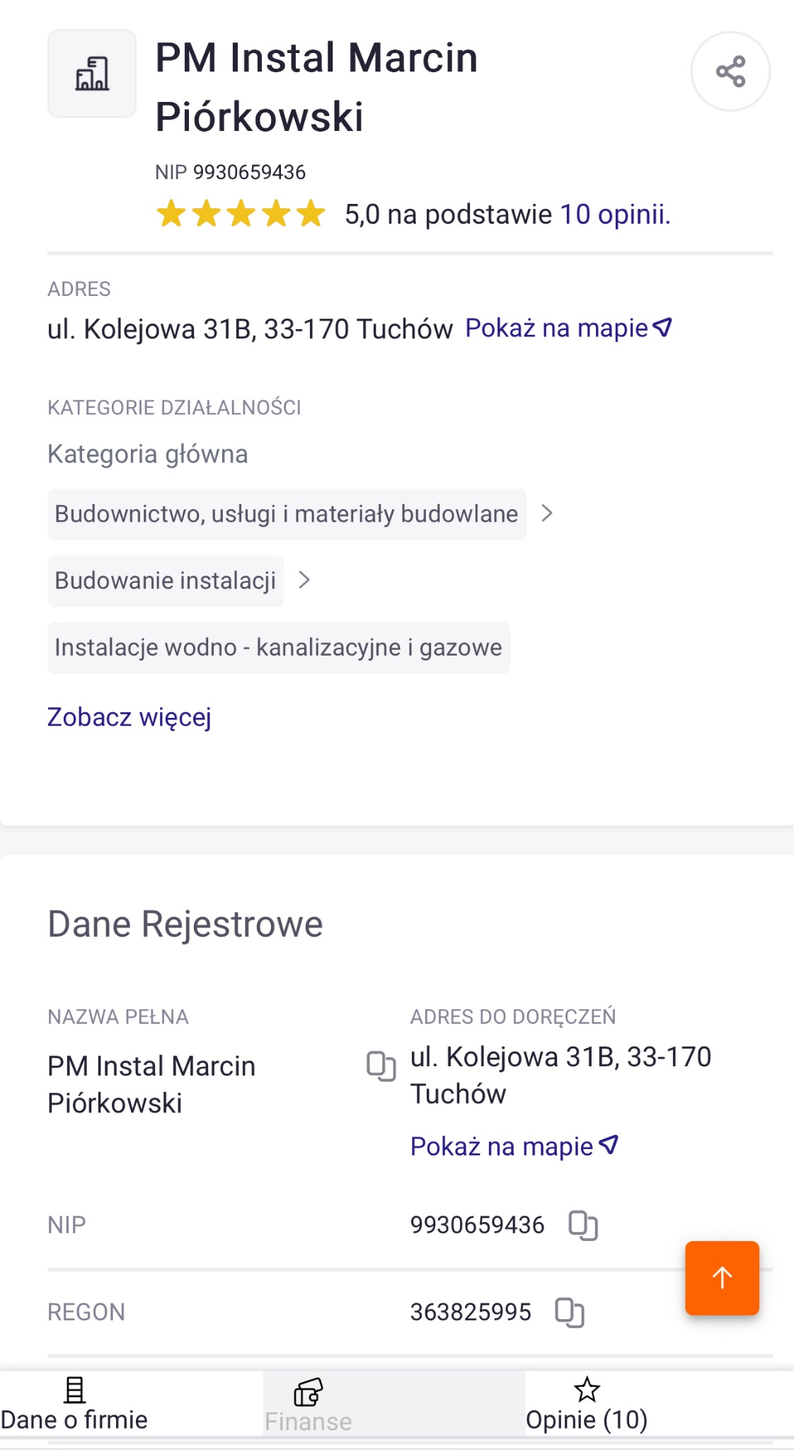 Profil firmy PM Instal Marcin Piórkowski z oceną 5.0 na podstawie 10 opinii, adresem, NIP i REGON. Kategorie działalności: Budownictwo, Instalacje wodno-kanalizacyjne i gazowe.