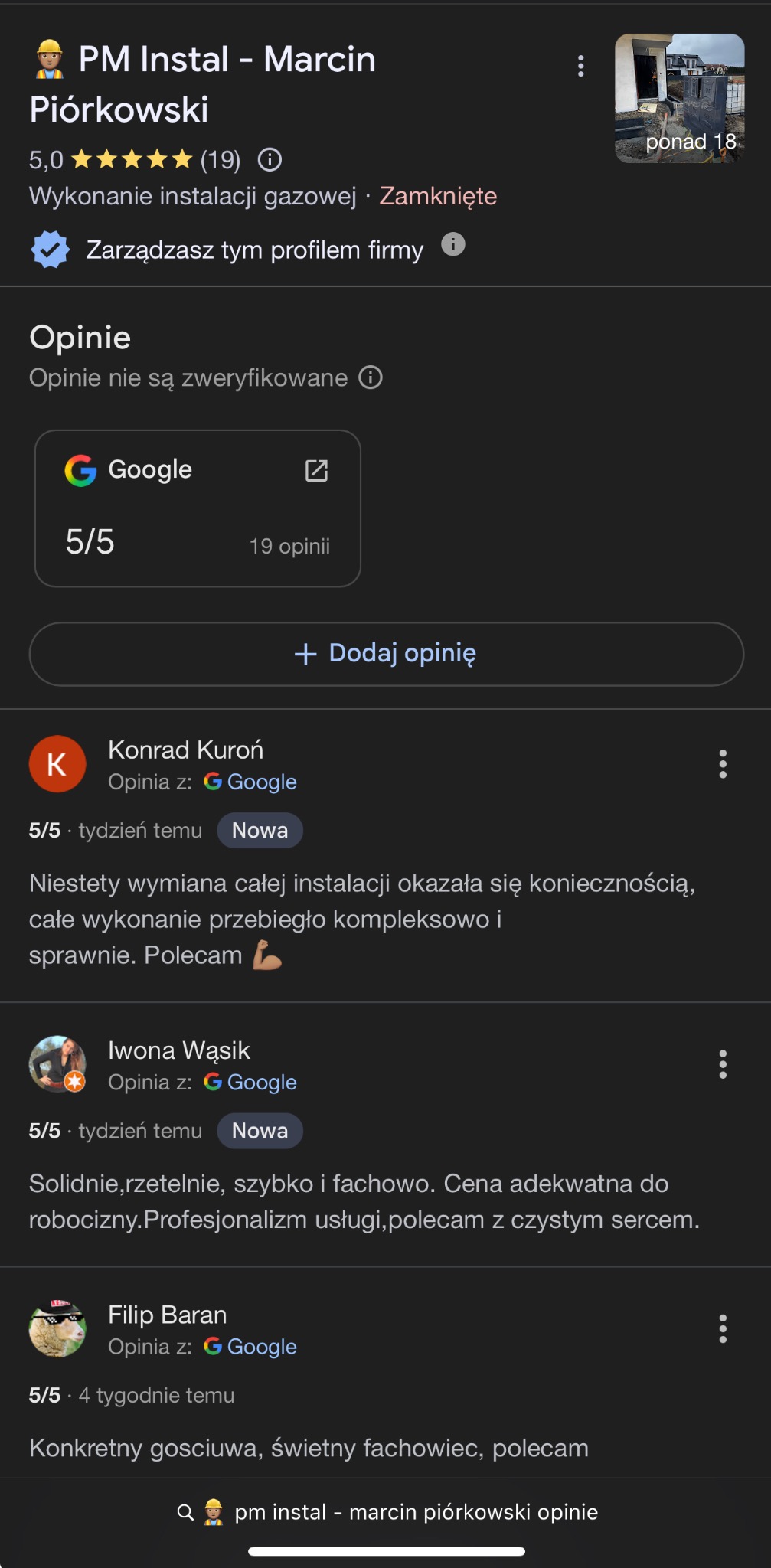 Zrzut ekranu z Google Maps z opiniami klientów o firmie PM Instal - Marcin Piórkowski, świadczącej usługi gazownicze. Ocena 5/5 i pozytywne komentarze.