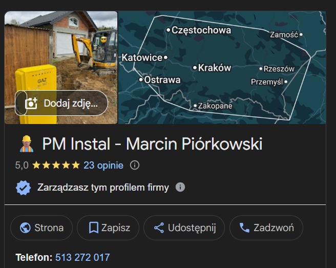 Profil firmy PM Instal - Marcin Piórkowski w Google z oceną 5.0 i 23 opiniami. Widoczny żółty licznik gazu, koparka oraz mapa z zaznaczonymi miastami.