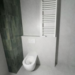 Twoje Nowe Miejsce - Nowoczesna łazienka z wiszącą toaletą, grzejnikiem drabinkowym i płytkami w odcieniach szarości oraz zieleni. Minimalistyczny design z akcentem kolorystycznym.