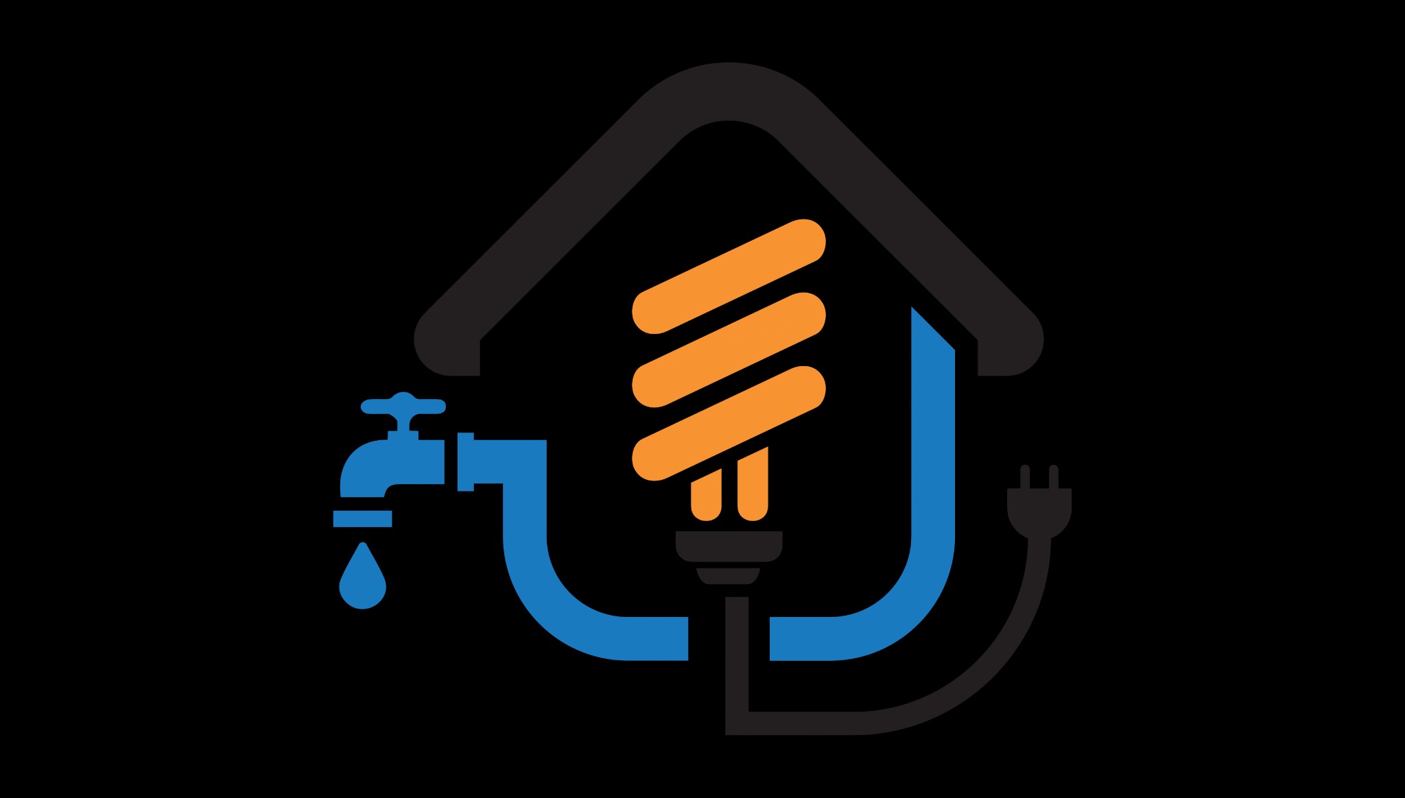 Grafika: schemat domu z kranem z wodą i żarówką, symbolizujące instalacje wodne i elektryczne. Czarny dach, niebieskie rury i kran, pomarańczowa żarówka.