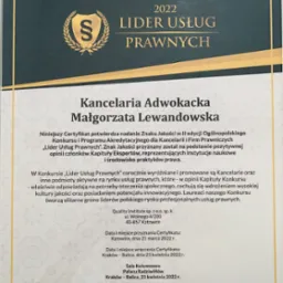 Moja Kancelaria otrzymała Certyfikat w konkursie „Lider Usług Prawnych 2022″.