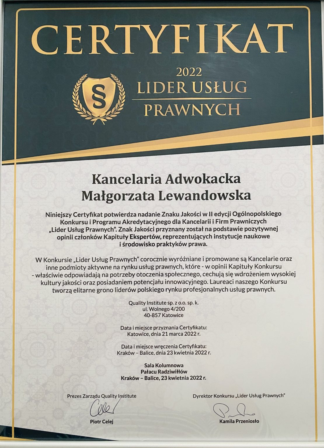 Moja Kancelaria otrzymała Certyfikat w konkursie „Lider Usług Prawnych 2022″.