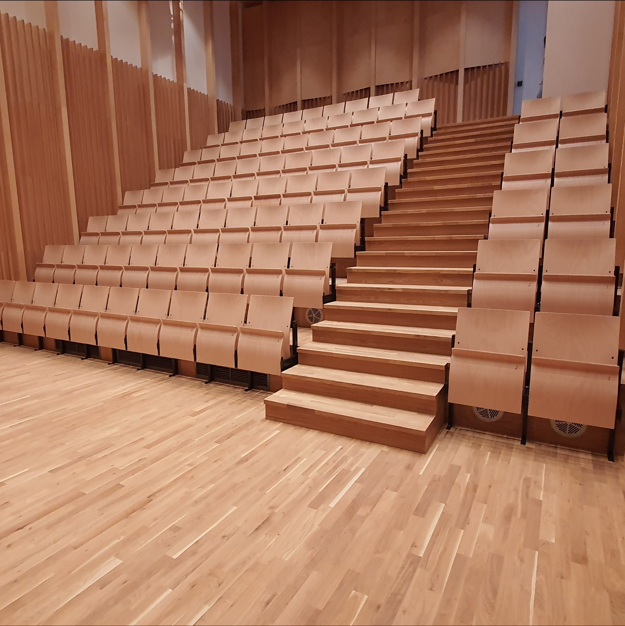 Sala konferencyjna z drewnianą podłogą parkietową i schodami, rzędy krzeseł z drewnianymi oparciami. Widok z dołu na całą salę, ciepłe oświetlenie.