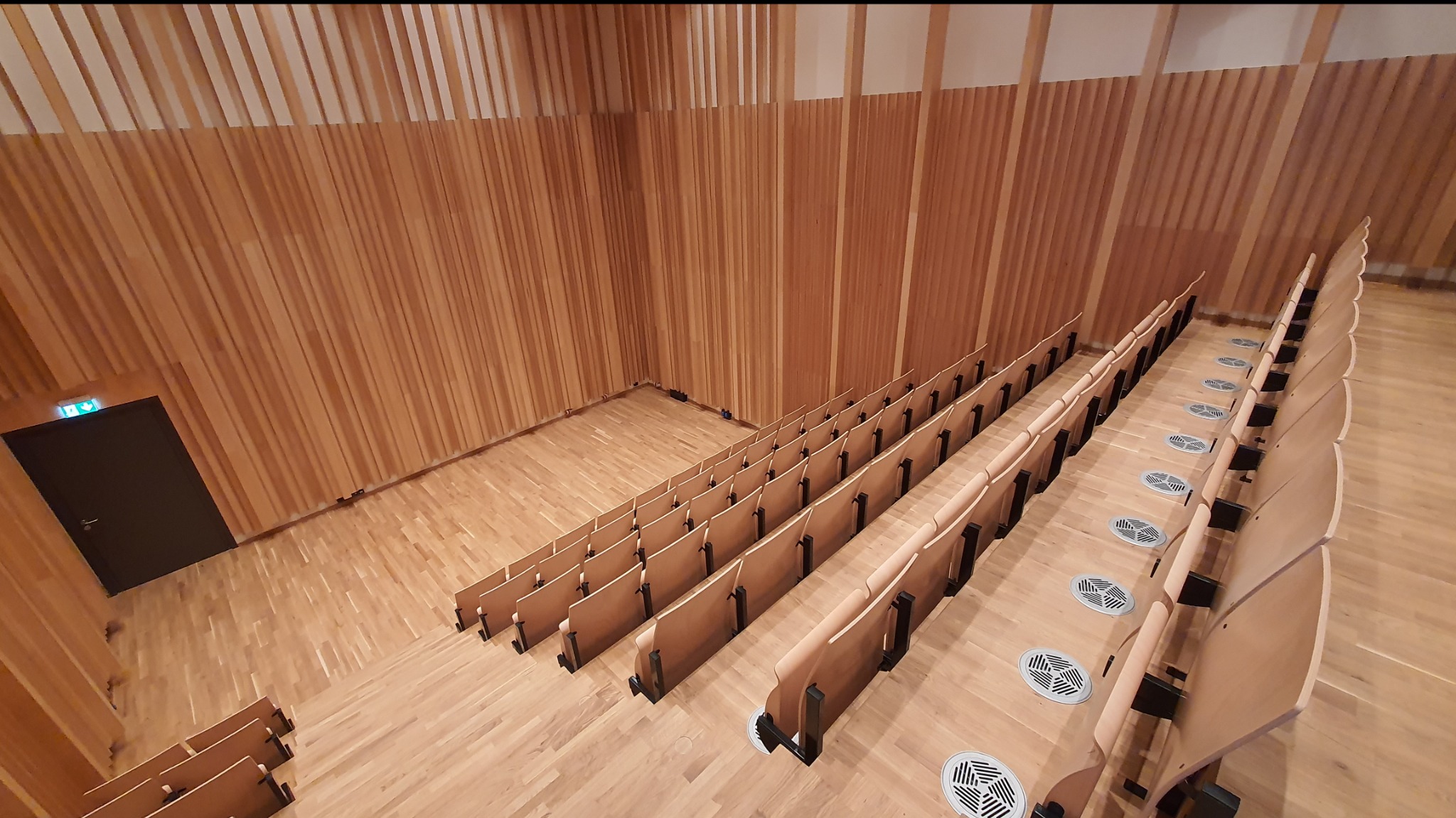 Wnętrze audytorium z drewnianą podłogą i ścianami z pionowych paneli. Rzędy krzeseł na stopniach, widok z góry. Akcent na naturalne materiały i minimalistyczny design.