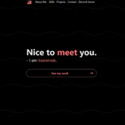 Minimalistyczny design strony portfolio z napisem 'Nice to meet you' i przyciskiem 'See my work' na ciemnym tle z delikatnymi falami.