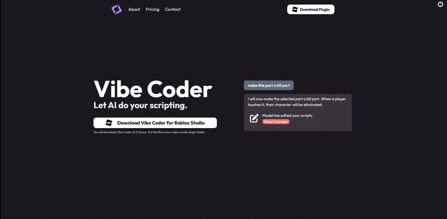 Interfejs programu Vibe Coder dla Roblox Studio z opcją 'Download Plugin', tekstem 'Let AI do your scripting' i komunikatem o edycji skryptów przez model.