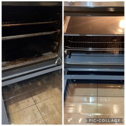 Maszczysto - Piekarnik przed i po czyszczeniu: po lewej brudny, z przypalonym tłuszczem, po prawej czysty, z błyszczącymi elementami. Widoczne ruszty i blachy.