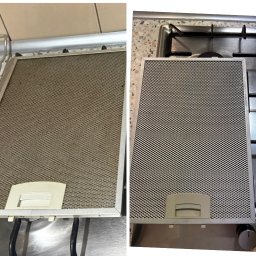 Maszczysto - Filtr okapu kuchennego przed i po czyszczeniu, widoczne różnice w zabrudzeniach. Po lewej filtr brudny, po prawej czysty, na tle płyty kuchennej.
