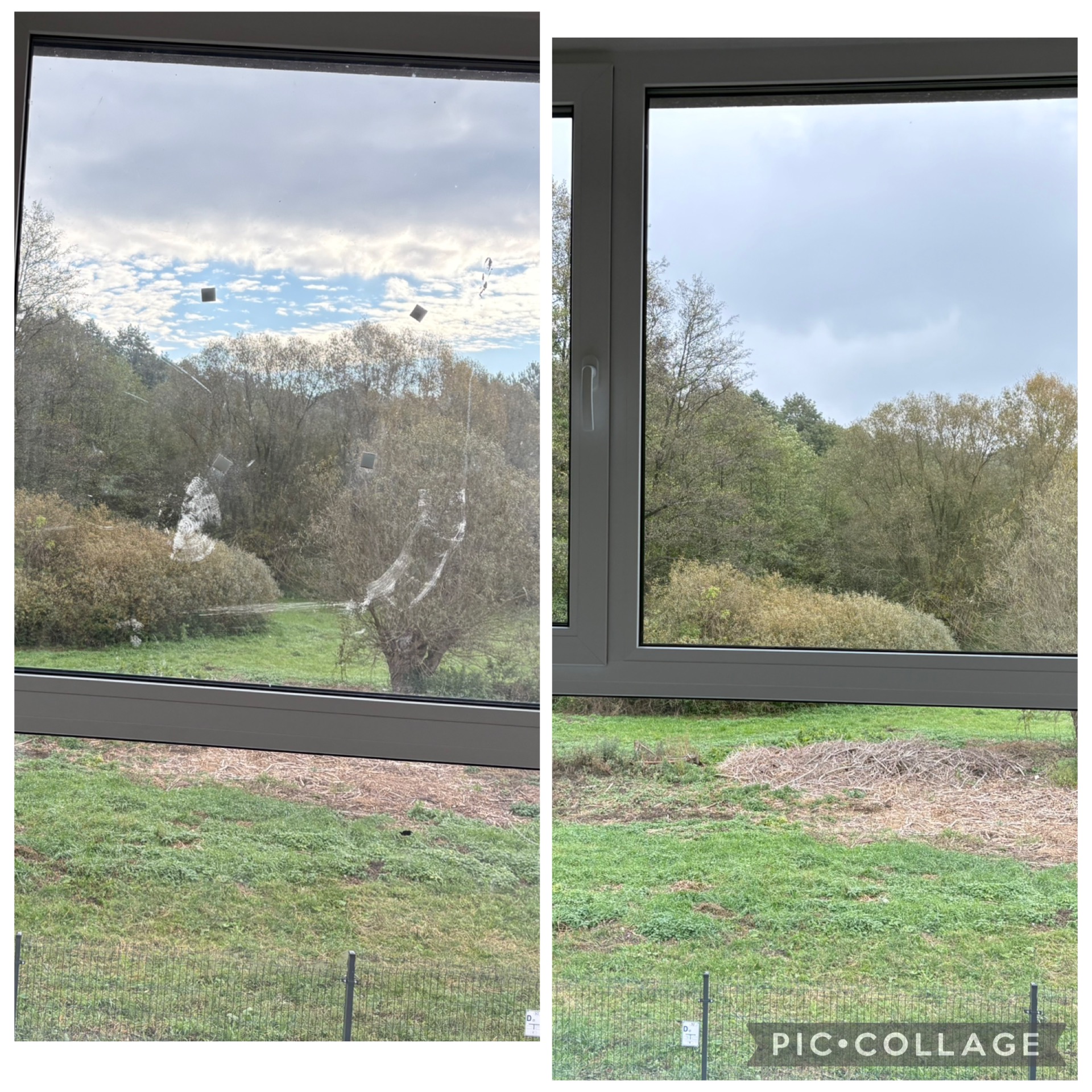 Okno PCV przed i po umyciu, widok na zewnątrz. Usługa mycia okien w Lesznowoli, prezentacja efektu. Po prawej szyba czysta, po lewej zabrudzona.